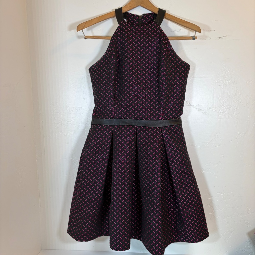 Anna Catherine Pink Black Metallic Halter Dress Lamb Leather Trim Size 2 Party - Picture 2 of 7